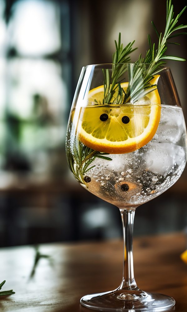 Cocktail with rosemary, lemon and ice on bar counter